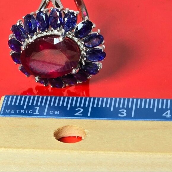 925 Sterling Silver Ring wirh Natural Ruby 10X14mm & Blue Sapphire Gems - Picture 10 of 11